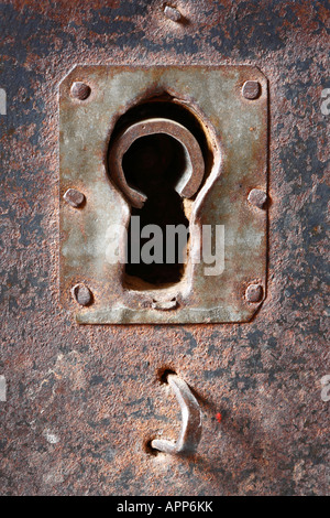 Keyhole in the old metal rusty chest Stock Photo