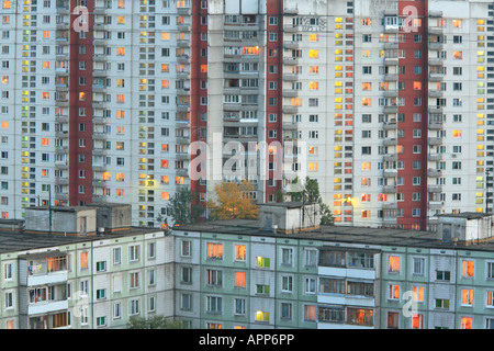 Apartment buildings in the evening with lights in windows Moscow Russia Stock Photo