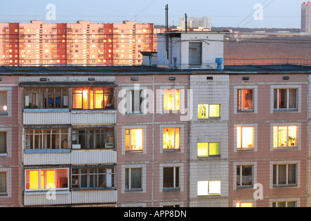 Apartment buildings in the evening with lights in windows, Moscow, Russia Stock Photo