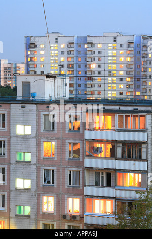 Apartment buildings in the evening with lights in windows, Moscow, Russia Stock Photo