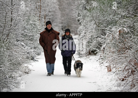 Couple walking their dog in a snowy scene in Royal Deeside, Aberdeenshire, Scotland, UK Stock Photo