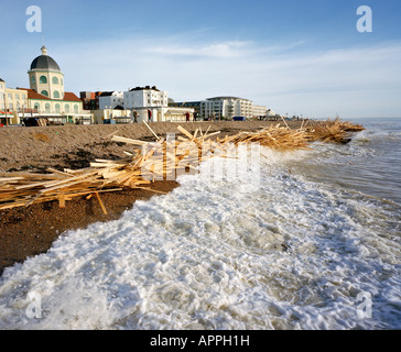 Shipwreck timber washed ashore at Worthing, West Sussex, England, UK. Stock Photo