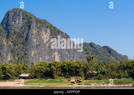 View of the Banks of the Mekong River with Limestone Cliff Laos Stock Photo