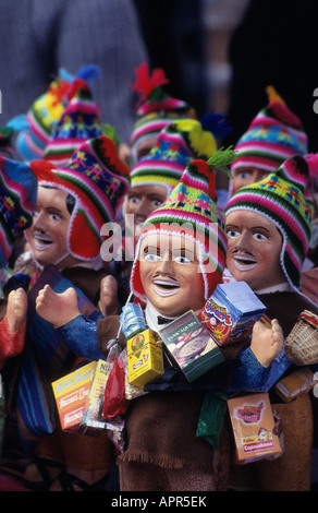 Ekekos ( an Aymara folklore figure who is a symbol of wealth and good luck ) on stall, Alasitas festival, La Paz, Bolivia Stock Photo