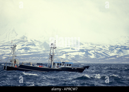 commercial dragger fishing vessel fishing for pollack in the Aleutian islands Alaska Bering Sea Stock Photo