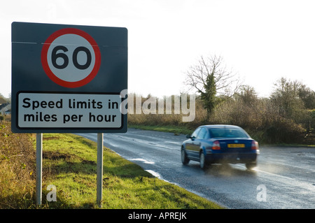 60 mph Speed limit sign on border between Donegal and Fermanagh, Northern Ireland Stock Photo