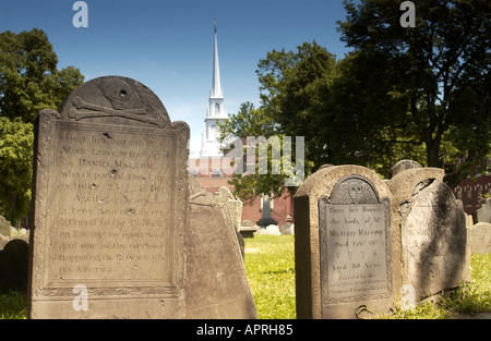 Tombstones in Copp's Hill burying ground with Old North Church in the background in Boston, Massachusetts, USA. Stock Photo