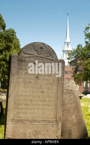 Tombstones in Copp's Hill burying ground with Old North Church in the background in Boston, Massachusetts, USA. Stock Photo