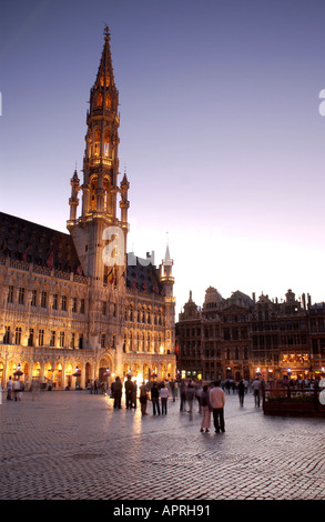 Brussels Town Hall at dusk on the Grand Place in the centre of Brussels in Belgium. Stock Photo
