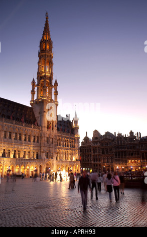 Brussels Town Hall at dusk on the Grand Place in the centre of Brussels in Belgium. Stock Photo
