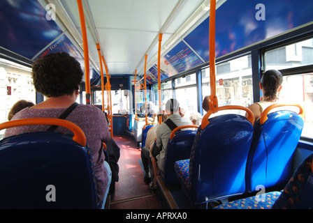 Interior of single deck bus serving suburban areas and transporting commuters to town centre Stock Photo