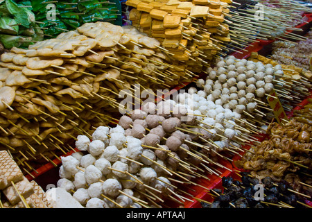 Meat on a Stick at a Street Food Vendor in a Shi Lin Market inTaipei Taiwan Stock Photo