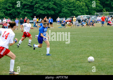 Teenage girl soccer players at the Creek Classic Soccer Tournament in