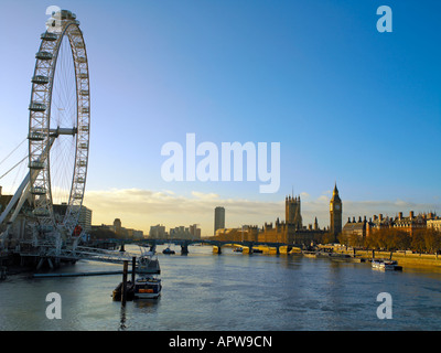 The River Thames, Houses of Parliament, London Eye and Westminster Bridge Stock Photo