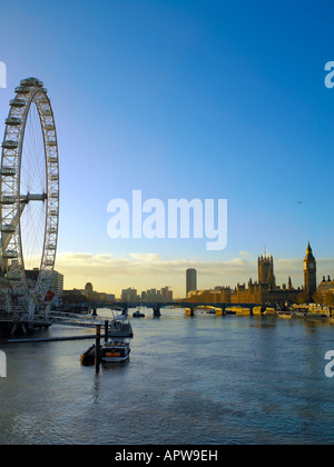 The River Thames, Houses of Parliament, Westminster Bridge and the London Eye Stock Photo