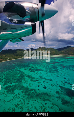 View from aircraft window Leaving Praslin Island Seychelles Stock Photo