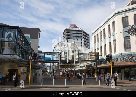 View along busy pedestrianised Cashel Street shopping precinct in city centre Christchurch New Zealand Stock Photo