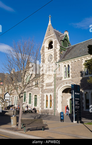 Christchurch New Zealand 19th century Gothic revivalist Arts Centre building 1874 clock tower entrance and cafe Stock Photo