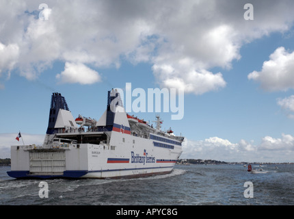 The Brittany Ferries ferry Barfleur, departing from Poole Bay Harbour, Dorset, UK to cross the English Channel to Cherbourg Stock Photo