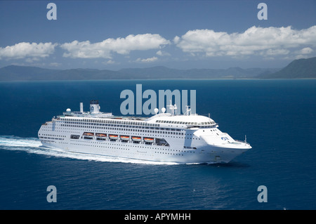 Regal Princess Cruise Ship near Cape Tribulation Great Barrier Reef North Queensland Australia aerial Stock Photo