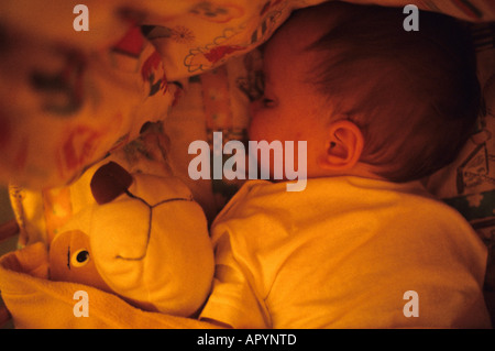 Boy one years old sleeping with his mascot puppet dog Stock Photo