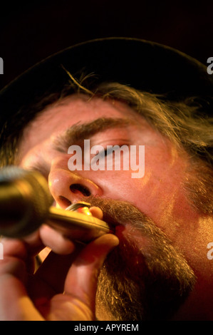 The band Golgi Apparatus perform at the Chiddingly Festival, East Sussex, 2007. A musician plays the kazoo. Stock Photo