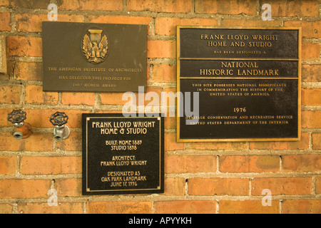 ILLINOIS Oak Park Plaques on brick wall Frank Lloyd Wright home and studio National Historic Landmark Stock Photo