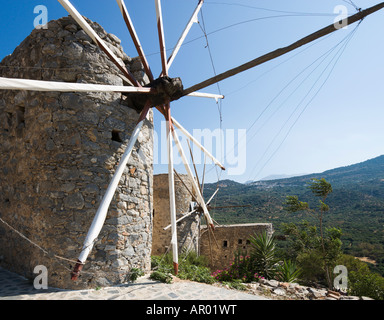 Windmills on the road between Heraklion and Agios Nikolaos, Lasithi Province, North East Coast, Crete, Greece Stock Photo