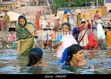 Ritual morning bath. Assi Ghat. Ganges river. Varanasi. India Stock Photo