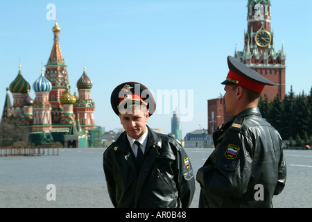 Red Square Moscow Russia Russian Federation Police Officers in uniform wearing black leather jackets Stock Photo