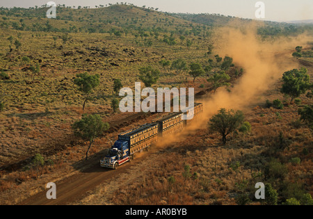 aerial view of cattle truck on dirt road, Kimberley, Western Australia, Australia Stock Photo