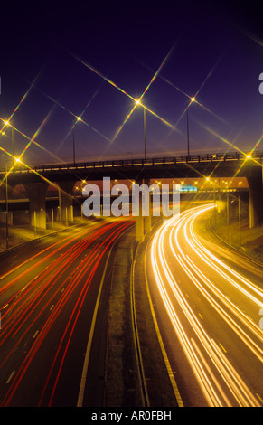 traffic and sunrise at Holmfield junction linking the A1 M1 and M62 ...