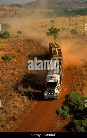 aerial view of cattle truck on dirt road, Kimberley, Australia Stock Photo