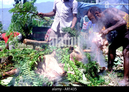 Food cooked in a mumu Eastern Highlands province Papua New Guinea Stock Photo