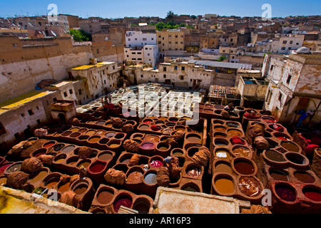 The medieval traditional tanneries of Fez Morocco Stock Photo