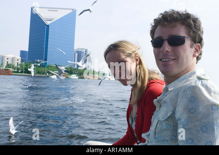 Couple on Abra at Dubai Creek, United Arab Emirates Stock Photo