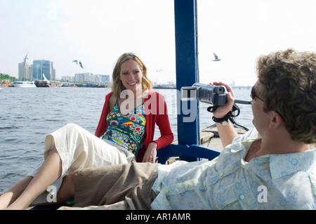 Couple on Abra at Dubai Creek, United Arab Emirates Stock Photo