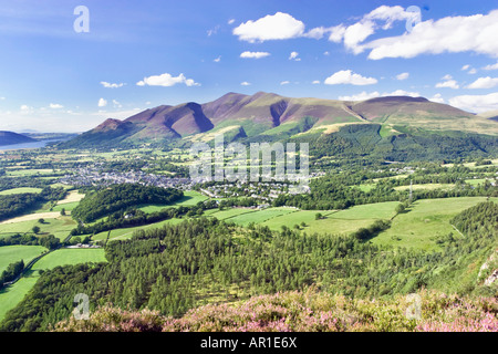 Skiddaw towering over Keswick from Walla Crag with heather in the foreground. Borrowdale valley, Lake District National Park, UK Stock Photo