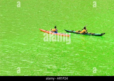 Kayaks on the Chicago River Green, Saint Patrick's Day Stock Photo - Alamy