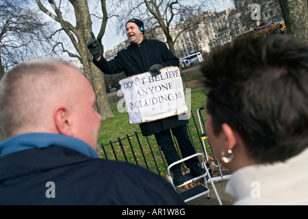a man on his soap box at Speaker's Corner in Hyde Park, London Stock Photo