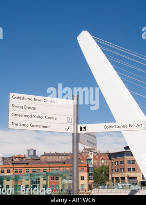 Gateshead Millennium Bridge and signpost Newcastle on Tyne England Stock Photo