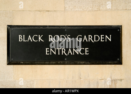 Horizontal close up of a sign indicating the entrance for Black Rod outside the Houses of Parliament on a bright sunny day. Stock Photo