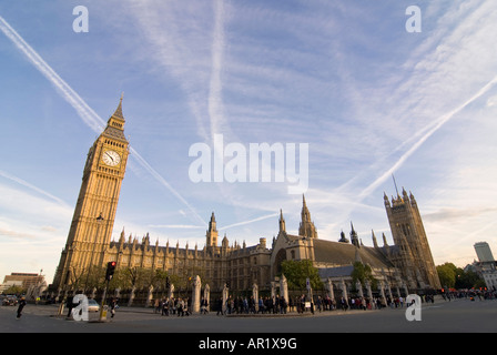 Horizontal wide angle of the Houses of Parliament and Big Ben in Westminster illuminated in the evening. Stock Photo