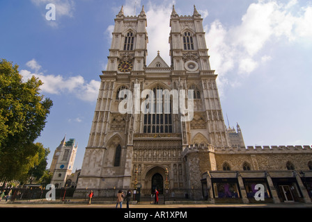 Horizontal wide angle of the Great West Door entrance of Westminster Abbey on a bright sunny day. Stock Photo