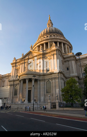 Vertical wide angle of the south side of St Paul's cathedral with it's famous domed roof against a blue sky Stock Photo