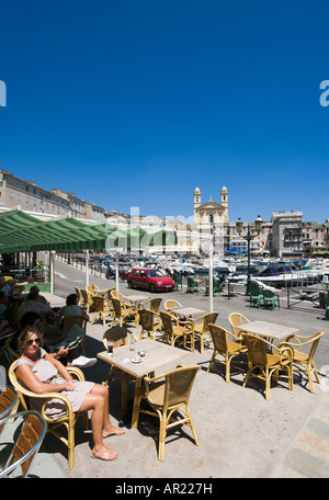 Cafe in the Vieux Port looking towards Terra Vecchia, Bastia, Corsica, France Stock Photo
