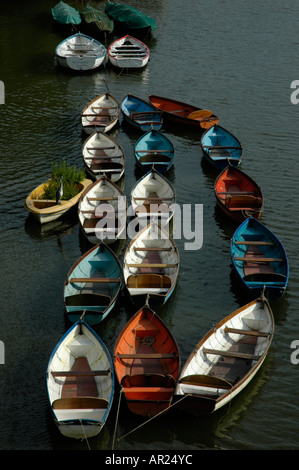 A group of colourful rowing boats moored on the shoreline of Phewa lake ...
