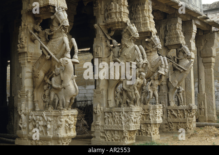 Intricate carvings of sculpted horses, Sri Ranganathaswamy Temple, Srirangam, India. Stock Photo