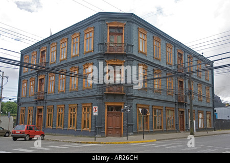 Valdivia Chile Traditional building in old part of city and overhead electricity cables Stock Photo