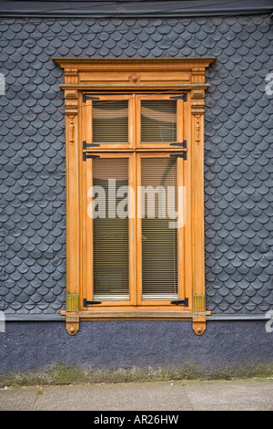 Valdivia Chile Building in old part of city showing window frames and shingles cables Stock Photo